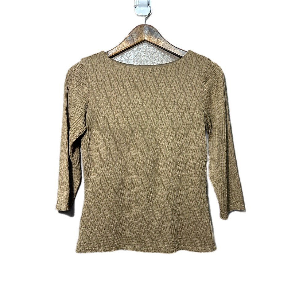 Coldwater Creek Textured Top Women XS Tan Excellent 3/4‎ Sleeve Boatneck Smocked